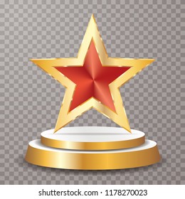 red golden star on golden podium, vector background template for cosmetics, show business, sports or something else