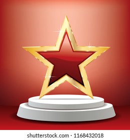 red golden star on white podium in red studio, vector background template for cosmetics, show business, sports or something else