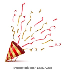 Red and golden striped party cone with exploding serpentine isolated on white background. Vector holiday design element