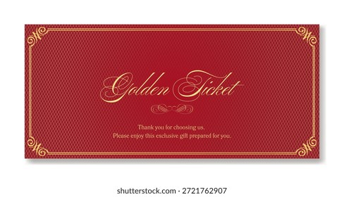 Plantilla de Vector Red Golden Ticket con elegantes bordes dorados y un sutil patrón decorativo. Adecuado para recompensas de clientes, vales de regalo, eventos de apreciación de negocios y ocasiones especiales.