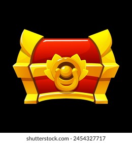 Red and golden treasure chest illustration, vector pirate box on black. Game achievement success gift, antique trunk, PRG UI winner bonus reward. Vintage chest