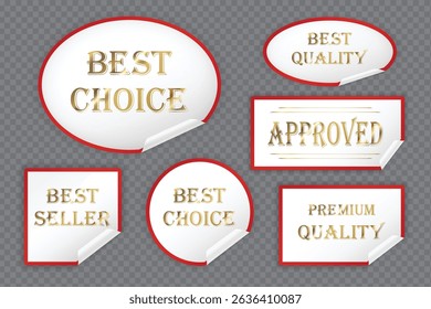 Red, golden and white Best Choice, Best Seller, Approved, Best Quality and Premium Quality labels (stickers) with wrinkled edges, vector (EPS) illustration, adhesive labels set