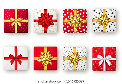 Red, golden, white and black gift box with ribbon and bow, top view. Christmas, New Year party, Happy birthday or Valentine day package design. Present isolated on white background. Vector.