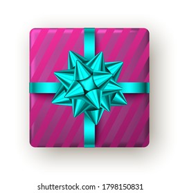 Red, golden, white and black gift box with ribbon and bow, top view. Christmas, New Year party, Happy birthday or Valentine day package design. Present isolated on white background. Vector.
