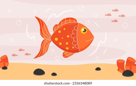 Red goldfish under water concept. Representatives of marine world, fauna and wild life. Beautiful fish swims in aquarium or oceanarium. Biology and zoology. Cartoon flat vector illustration