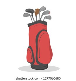 Red golf bag for clubs. Sport game equipment. Outdoor hobby with expensive tool. Flat vector illustration