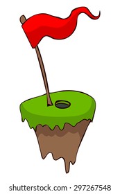 Red Golf Flag and hole on a Small floating Island, Vector Illustration. 