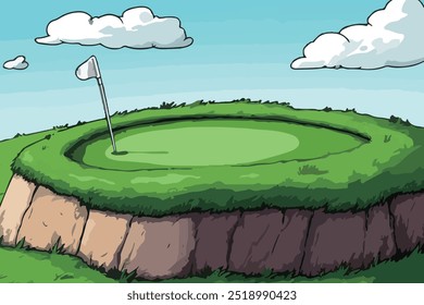 A red golf flag stands atop a small, elevated green on a hill, with lush green grass covering the hill. 
