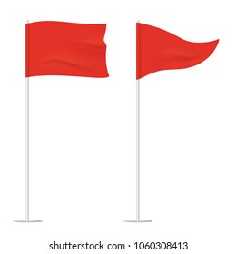 Red golf flags isolated on background. Square and triangular vector waving flags, waving on a stick.