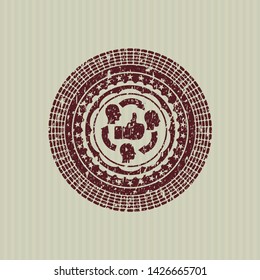 Red good customer feedback icon inside distress rubber seal with grunge texture