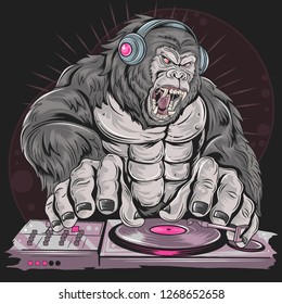 the red gorilla is playing DJ music, editable layers vector