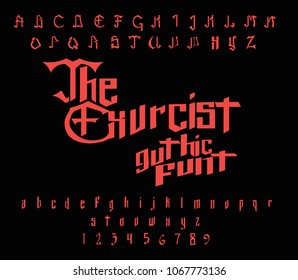Red gothic font. Alphabet numbers and symbols