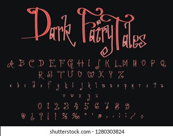 Red gothic vector font. Vintage script alphabet