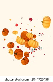 Red Gourd Background Beige Vector. Vegetable Season. Burgundy Oak Frame. Vintage Border. Colorful Rowan Botanical Banner.