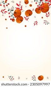 Red Gourd Background Light Vector. Burgundy Halloween Frame. Colorful Leaves Botanical Card. Rowan Vibrant. Happy Illustration.