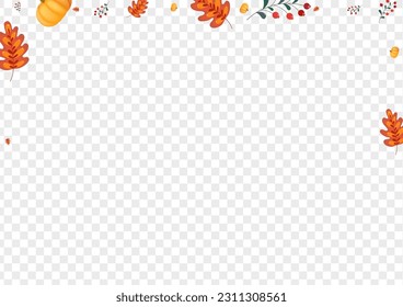 Red Gourd Background Transparent Vector. Yellow Maple Illustration. Colorful Rowan Thanksgiving Set. Leaf Decoration. Vibrant Banner.