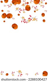 Red Gourd Background White Vector. Leaves Foliage. Green Autumn Frame. Drawing Texture. Orange Rowan Farm Border.