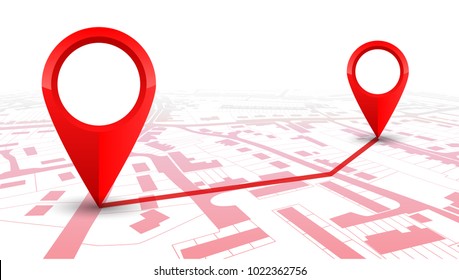 Red GPS navigator pointer on city map, from place to place – stock vector