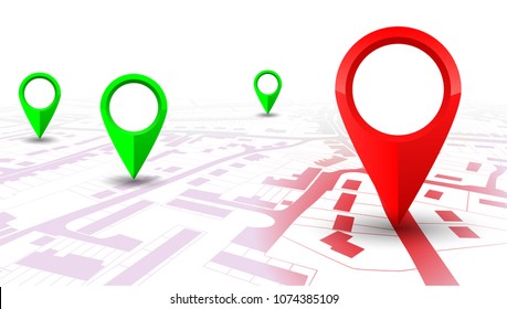 Red GPS navigator pointer on city map, from place to place – vector for stock