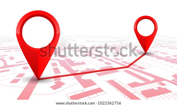 Red GPS navigator pointer on city map, from place\
to place – stock vector