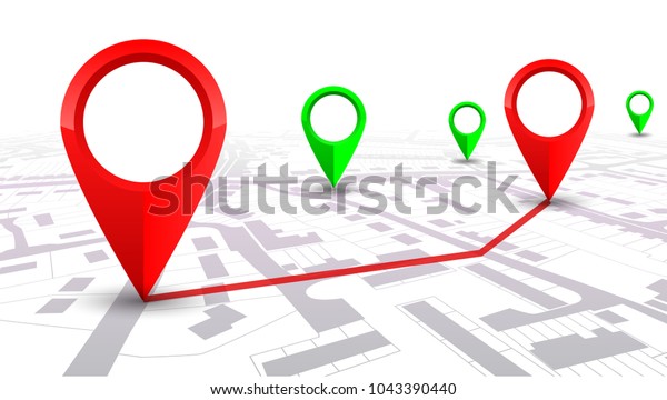 Red GPS navigator pointer on city map, from place\
to place – for stock