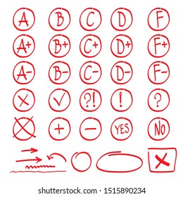 Red Grade results set isolated on white background. Red doodle hand drawn A, B, C, D, F, arrows, plus, minus, tick, cross, yes, no, interrogative and exclamation mark.