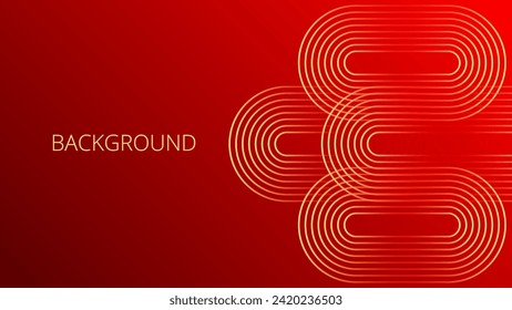 Red gradient abstract background with gold rounded line design. Vintage geometric pattern. Shiny poster or web banner template. Blended lines