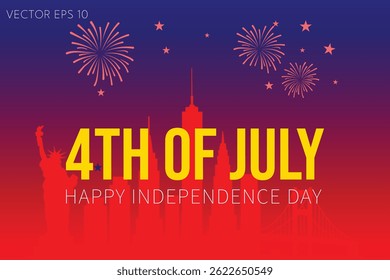 Red Gradient Background for 4th of July Independence Day with Liberty and Fireworks