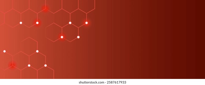 Red gradient background with technology hexagonal pattern. The background is smooth with a modern red color and subtle glowing dots. Minimal abstract digital hexagon vector background