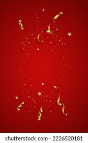 Red gradient background vector illustration. Elegant colorful wallpaper design. Creative backdrop with golden ribbons, stars and confetti, vertical banner with copyspace
