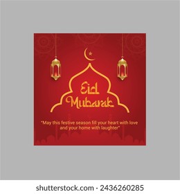 Red gradient, beautiful illuminated, decorated with hanging lamps, Eid Mubarak Greeting vector card