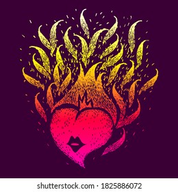 Red gradient burning heart on dark background. Vector vintage handmade illustration. Fire of love. Flame of heart. Sketch for poster, print, tshirt.