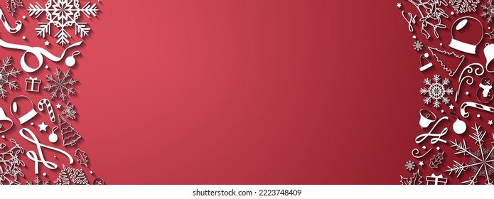 Red Gradient Christmas Banner with white 3d christmas elements, snowflakes, snowman, gifts, santa hat, ribbons, snowglobe. Vector Illustration. EPS 10.