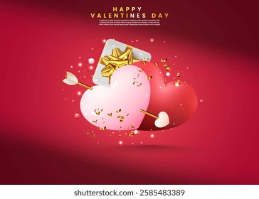 Red gradient color abstract happy Valentine's Day background design vector. Valentine's Day sale banner. 3D realistic Happy Valentine's Day background design with heart, and shadow overlay. 