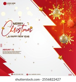 Red gradient color realistic Christmas social media post design vector with Xmas tree, gift box, bokeh effect, and ball. Winter celebration poster design template. Christmas banner design vector. 