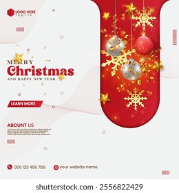 Red gradient color realistic Christmas social media post design vector with Xmas tree, gift box, bokeh effect, and ball. Winter celebration poster design template. Christmas banner design vector. 