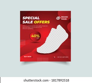 Red gradient color special sale offers social media post design for your digital marketing. Editable shoe social media banner, web ads banner template. 