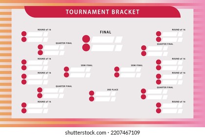 Red gradient colored vector tournament bracket with horizontal stripes pattern. Simple knocked-off stages. Suitable for football, badminton, basketball, and other sports.