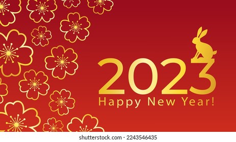 Red gradient Happy New Year banner with 2023 date decorated with rabbit silhoette and cherry blossom flowers. Oriental style background. Vector illustration