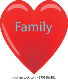 red, gradient heart with highlights and the word "family". family love symbol