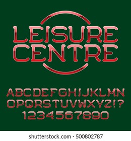 Red gradient letters and numbers. Stylish soft line font. Isolated english alphabet and emblem with text Leisure Center.