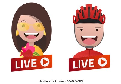 Red gradient Live Stream sign with Actress and Cyclist avatar set. Emblem, logo, badge. Flat design. Template for citybanner, website, design, cover. White background. Illustration. Eps10.