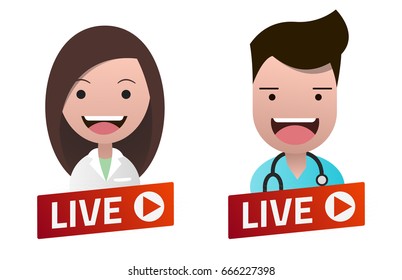 Red gradient Live Stream sign with Nurse and Doctor avatar set. Emblem, logo, badge. Flat design. Template for citybanner, website, design, cover. White background. Illustration. Eps10.