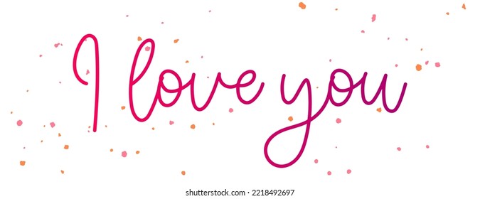 Red gradient I love you cursive phrase and colorful paint drops on a white background.