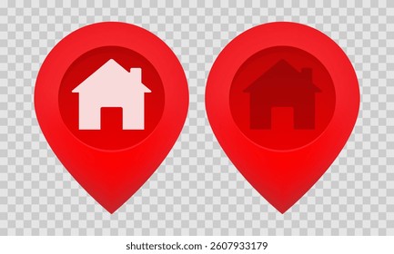 Red gradient map markers with house icons. Geo tags for representing residential locations or home addresses. Vector icon set on a checkered background - Powered by Shutterstock - Get 15% off with code: PIKWIZARD15