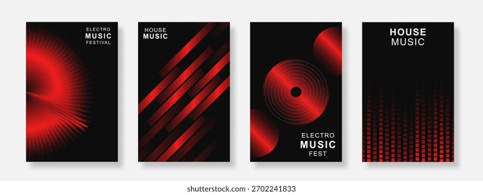 Red gradient music poster set on dark background. Electro Sound Cover template with geometric shape design. Suitable for concert party, social media, festival, club, banner. Vector illustration
