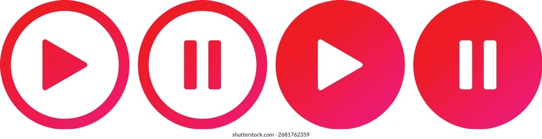 Red gradient play and pause buttons vector icons. Media controls.
