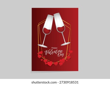 Un cartel rojo degradado que muestra dos copas de champán tintineando dentro de un marco de oro con corazones.