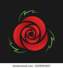 Rosa de gradiente rojo con hojas verdes ilustración plana. Flor estilizada sobre fondo negro. Mejor para diseño web, impreso, logo y marca.