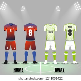 Red gradient and white green soccer uniforms with socks and shoes